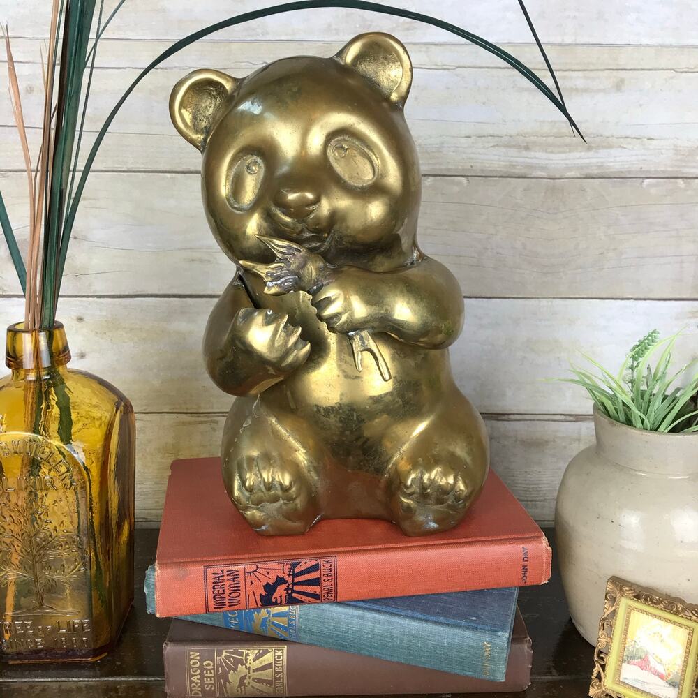Vintage Brass Panda Bear Eating Bamboo Home Office Decor Heavy Bookend Statue